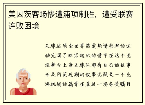 美因茨客场惨遭浦项制胜，遭受联赛连败困境