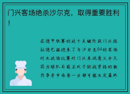 门兴客场绝杀沙尔克，取得重要胜利！
